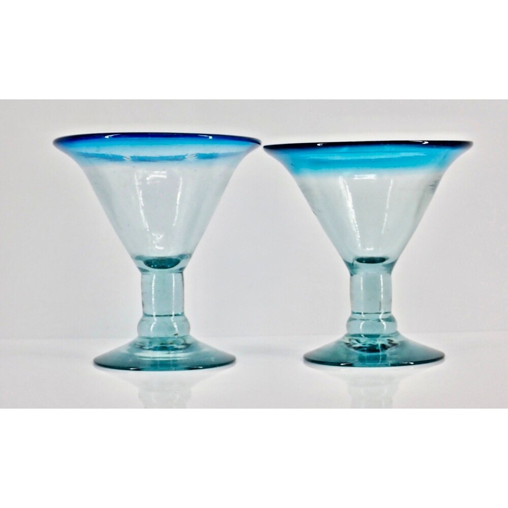 Aqua Rim Thick Hand Blown Margarita Martini Glasses Set of 2 Mint Condition 7"